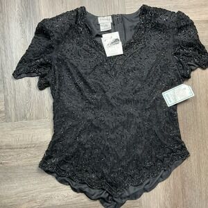 Vintage Stenay Womens Top XL Black Beaded Silk Short Sleeve Scallop Hem Art Deco